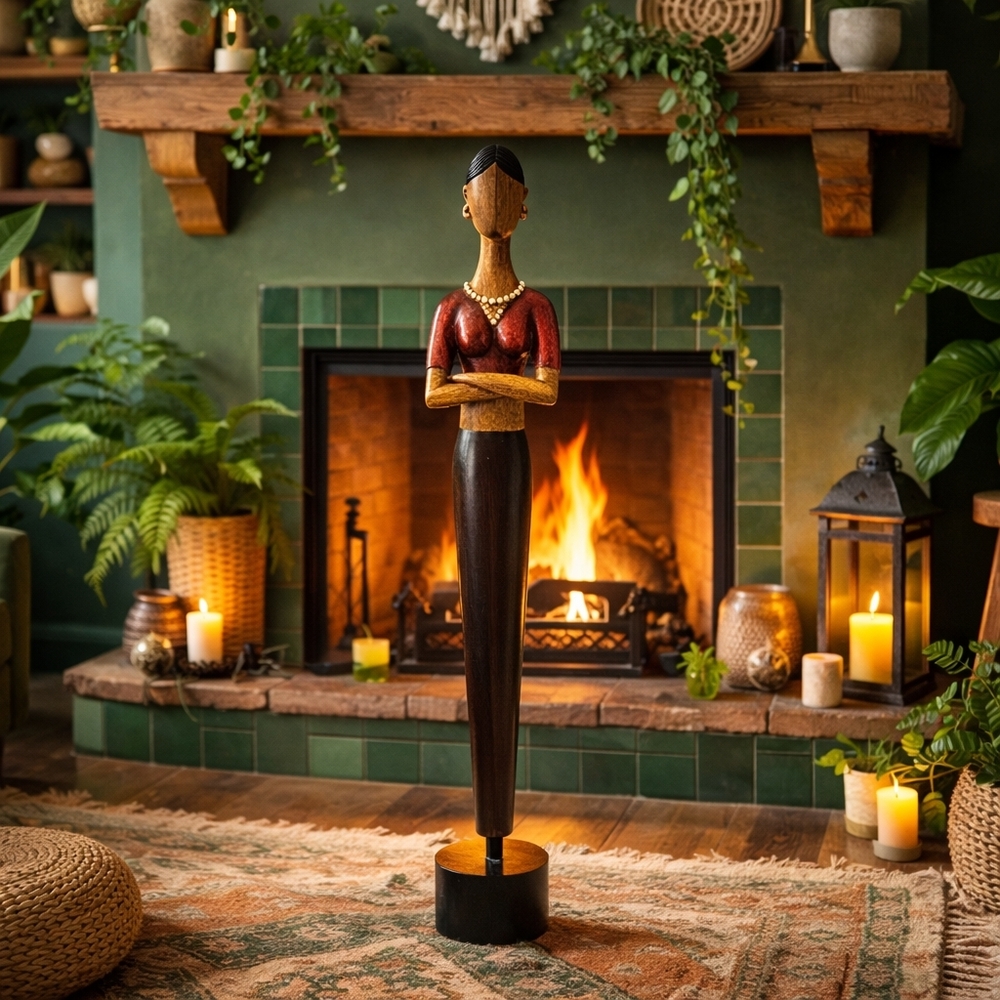 Wooden Woman Figurine Pier 1 Imports Red Black Statue Modern Boho Chic Very Tall
